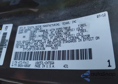 2012 Toyota Tundra Grade 5.7L V8 из США, поврежденный, VIN 5TFCW5F13CX014186